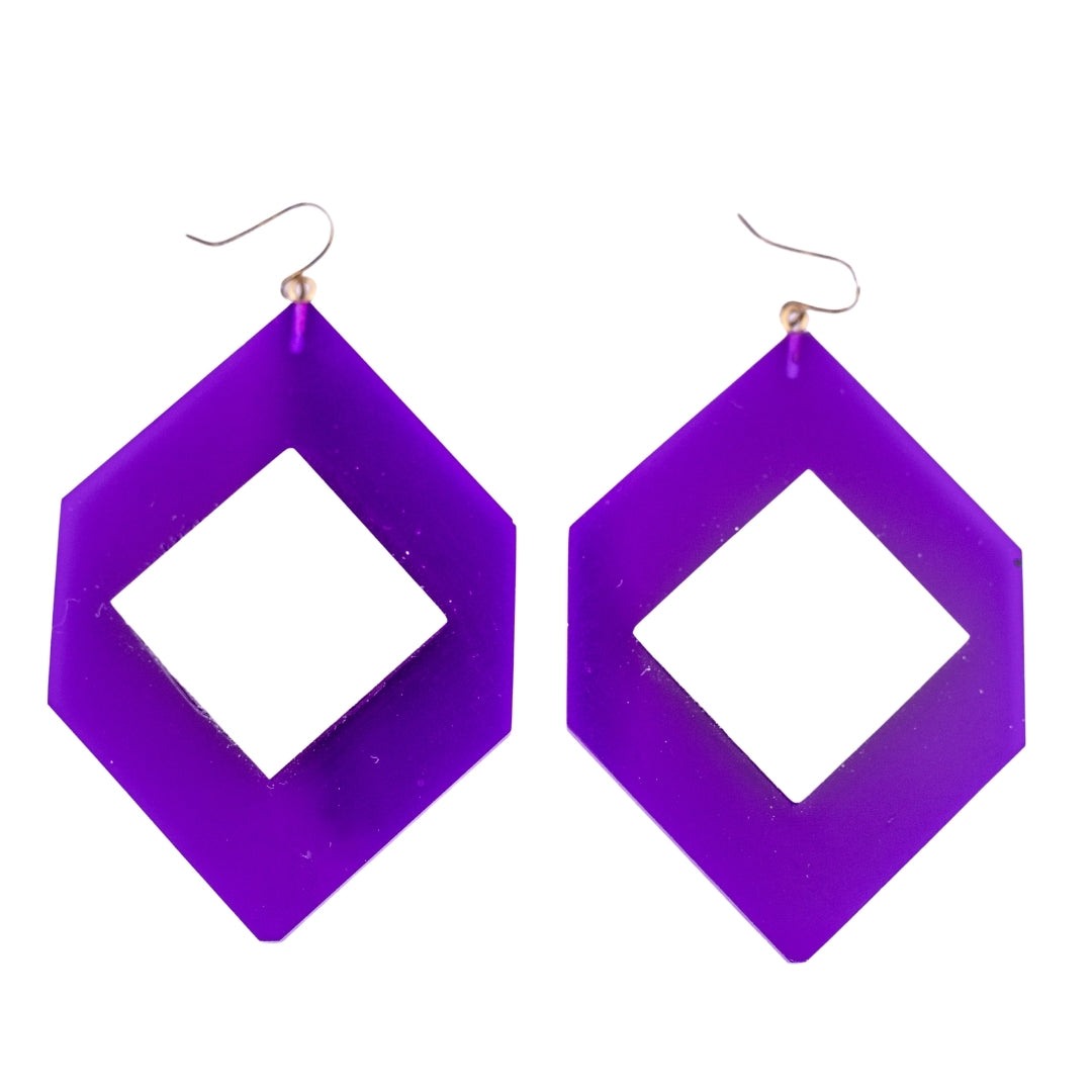 HQM Purple & White Acrylic Hook Earrings- (Pierced)