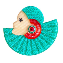 Load image into Gallery viewer, Lea Stein Half Collerette Art Deco Girl Brooch Pin - Turquoise, Creme &amp; Red
