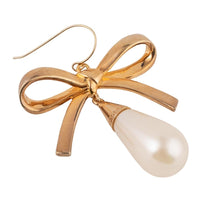 Load image into Gallery viewer, Signed Carolina Herrera Gold Bow &amp; Pearl Drop Earrings (Pierced)