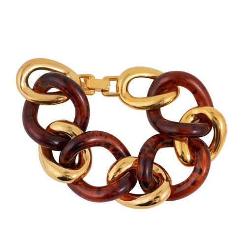 Signed Kenneth Jay Lane Polished Gold & Tortoise Link Bracelet