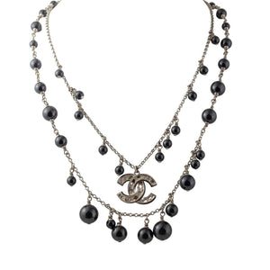 Signed CHANEL Black Glass Bead Necklace With Double 'CC'