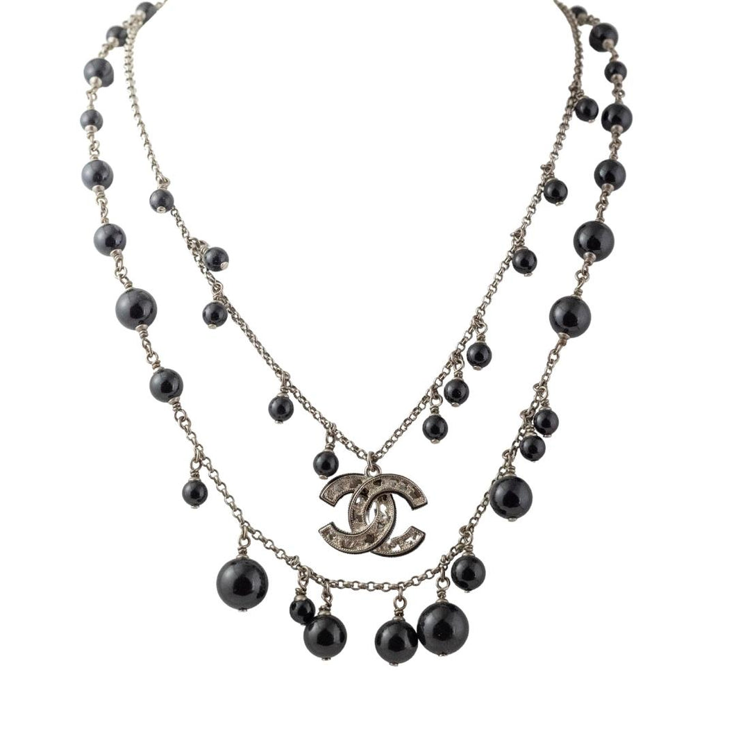 Signed CHANEL Black Glass Bead Necklace With Double 'CC'