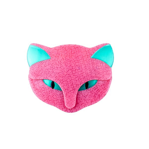 Lea Stein Attila Cat Face Brooch Pin - Pink & Turquoise