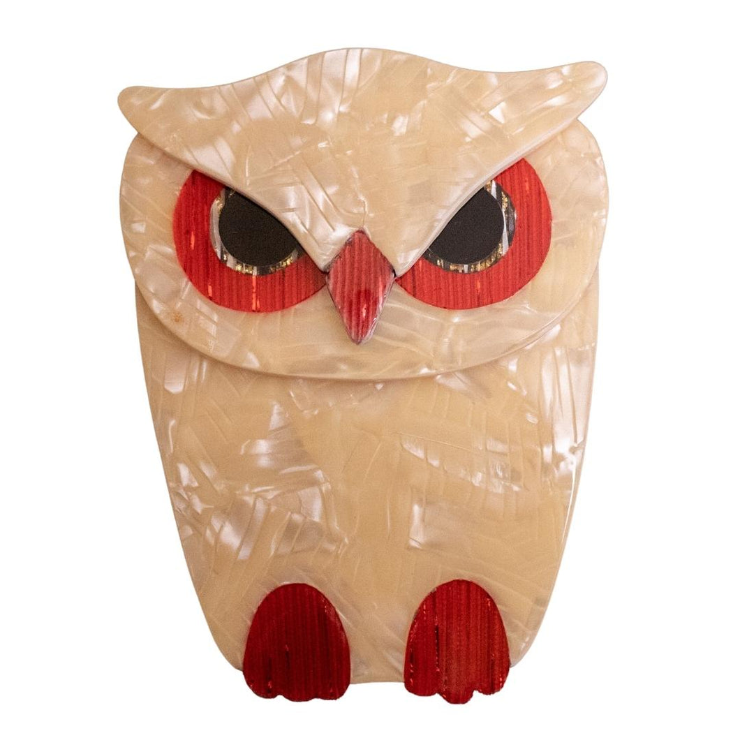 Lea Stein Signed Buba Owl Brooch Pin - Creme & Red