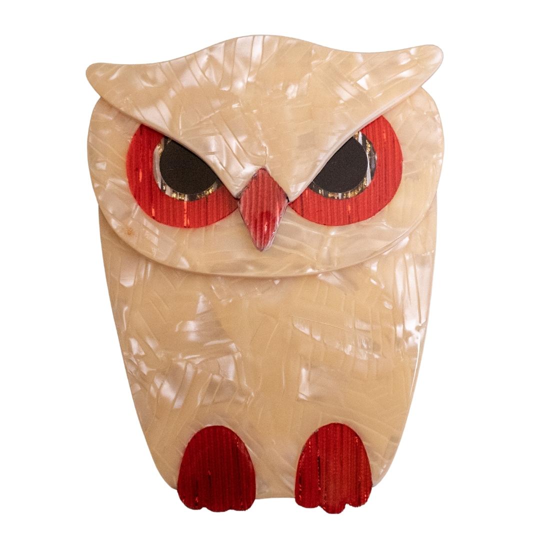 Lea Stein Signed Buba Owl Brooch Pin - Creme & Red