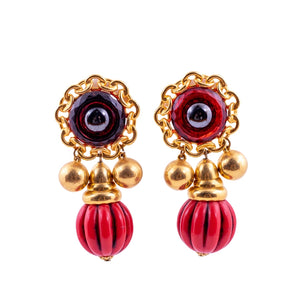 Vintage Gold Metal & Red Glass Stone Earrings c.1960's- (Clip-On Earrings)