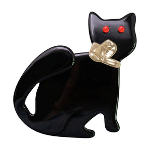 Lea Stein Watching Cat Brooch Pin - Black, Creme & Red