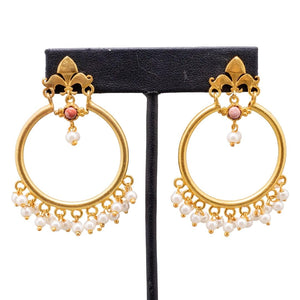 Intricate Gold & Faux Pearl Hoop Dangle Earrings- (Pierced)