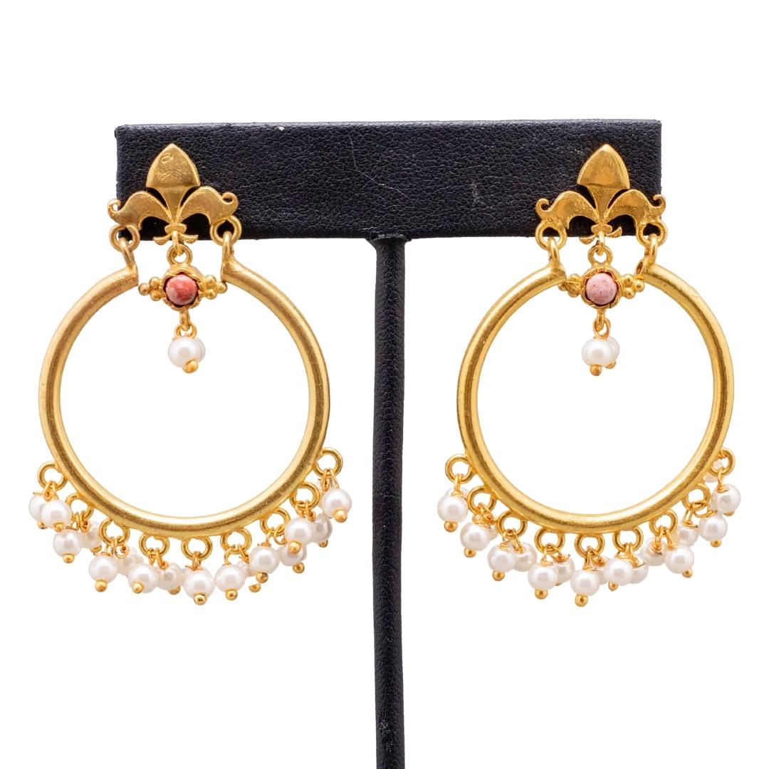 Intricate Gold & Faux Pearl Hoop Dangle Earrings- (Pierced)