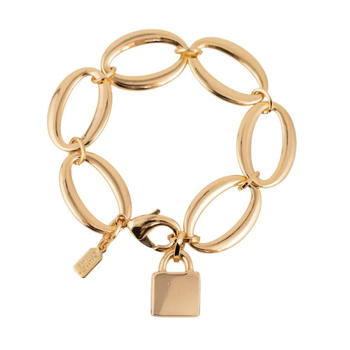 Signed Kenneth Jay Lane Polished Gold Oval Link & Lock Charm Bracelet