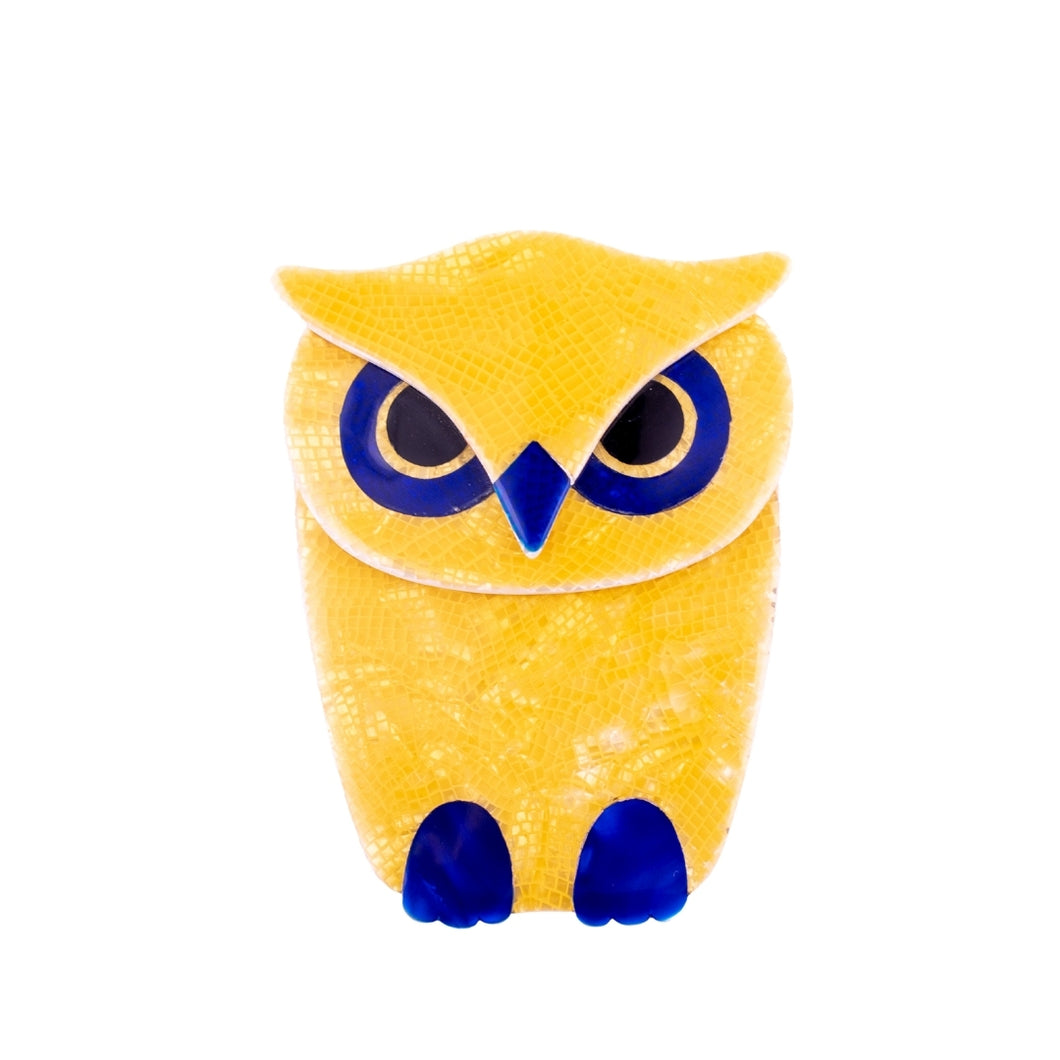 Lea Stein Signed Buba Owl Brooch Pin - Yellow & Blue