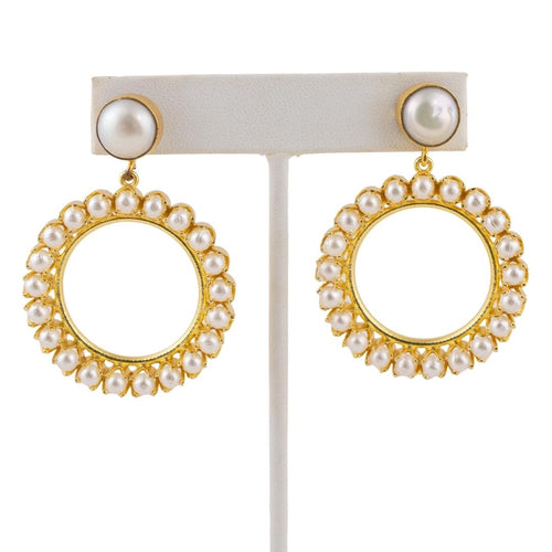 Gold & Faux Pearl Hoop Drop Statement Earrings (Pierced)