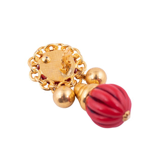 Vintage Gold Metal & Red Glass Stone Earrings c.1960's- (Clip-On Earrings)