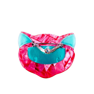 Lea Stein Attila Cat Face Brooch Pin - Pink & Turquoise
