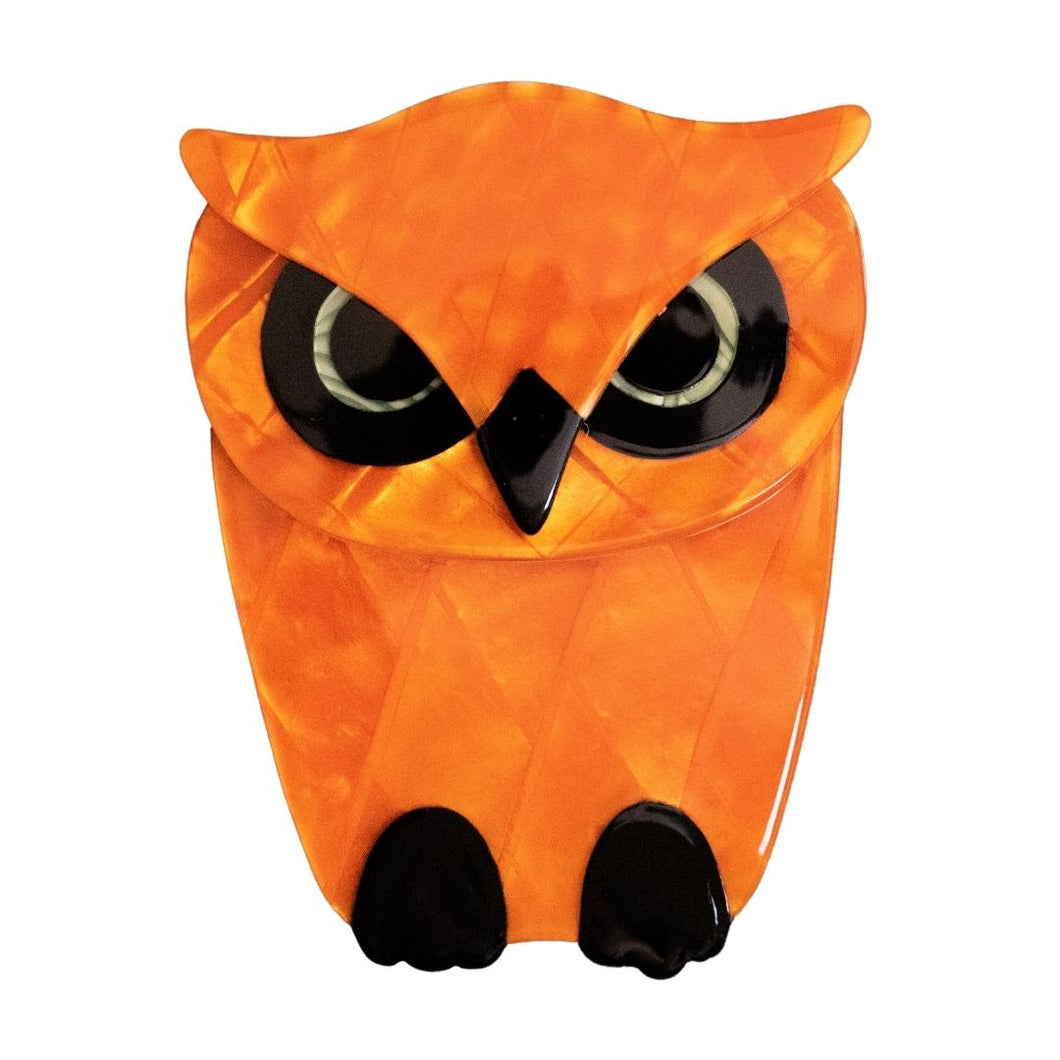 Lea Stein Signed Buba Owl Brooch Pin - Orange & Black