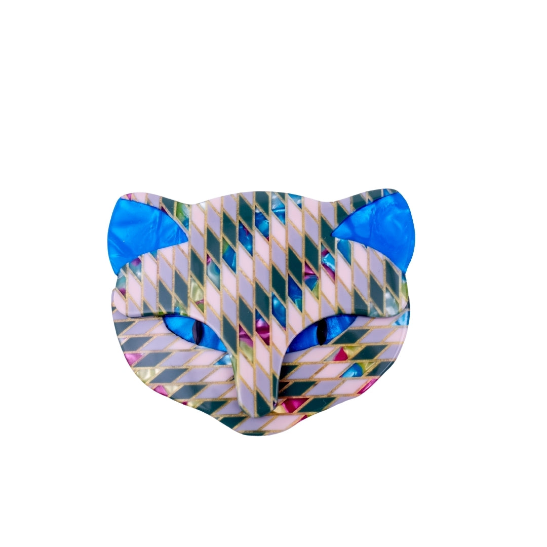 Lea Stein Attila Cat Face Brooch Pin - Blue Multi Colour