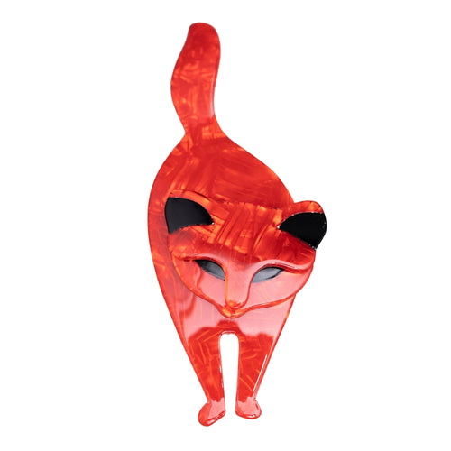 Lea Stein Bacchus Standing Cat Brooch Pin - Red & Black