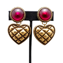 Load image into Gallery viewer, Vintage Heart Shaped Drop Earrings with Red Stone Detail (Clip-On)