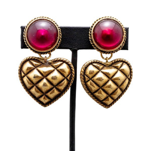 Vintage Heart Shaped Drop Earrings with Red Stone Detail (Clip-On)