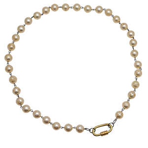 Vintage Faux Pearl Necklace with Hand Made Brass Metal Screw Lock