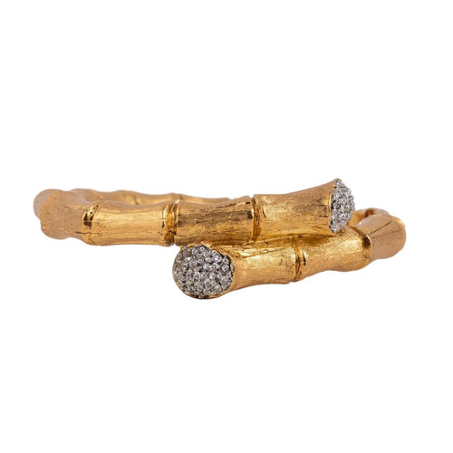 Signed Kenneth Jay Lane Satin Gold & Crystal Bamboo Bracelet