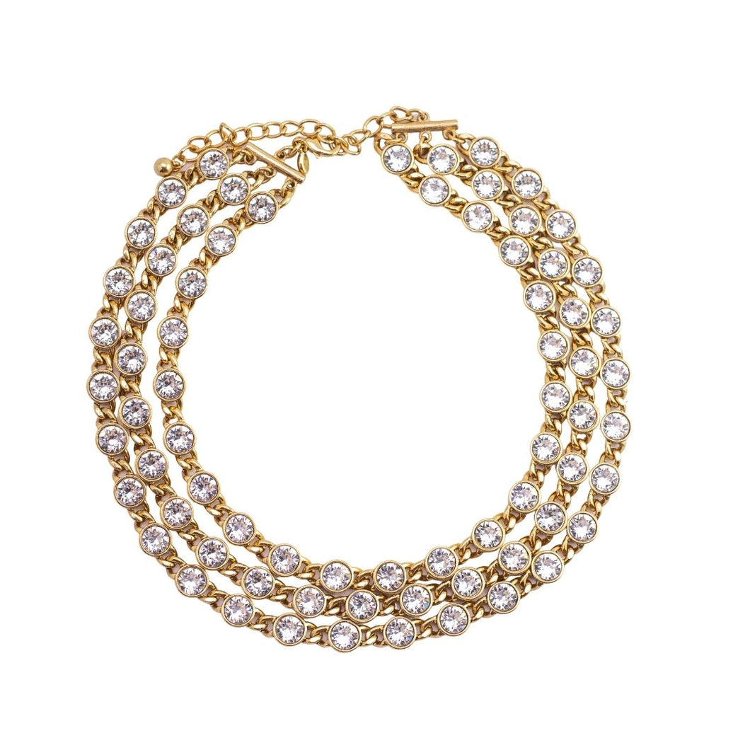 Signed Kenneth Jay Lane Gold Plated & Clear Crystal Multi Strand Necklace