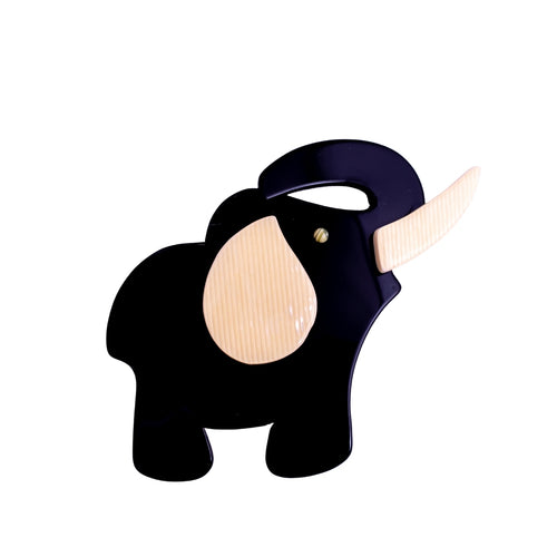 Lea Stein Elephant Pin Brooch - Black & Creme