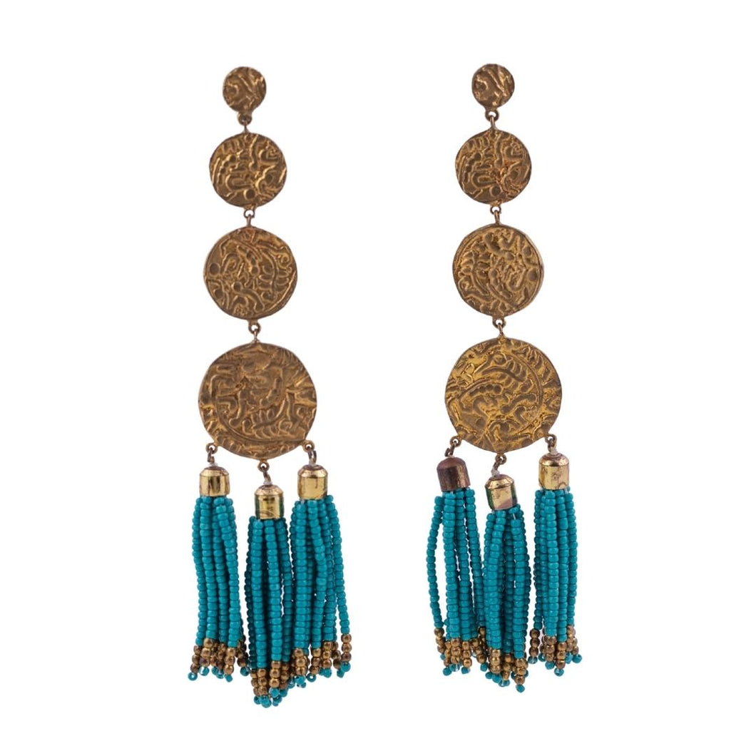 Triple Disk Gold-plated Drop Earrings with Turquoise Bead Tassels  - (Pierced)