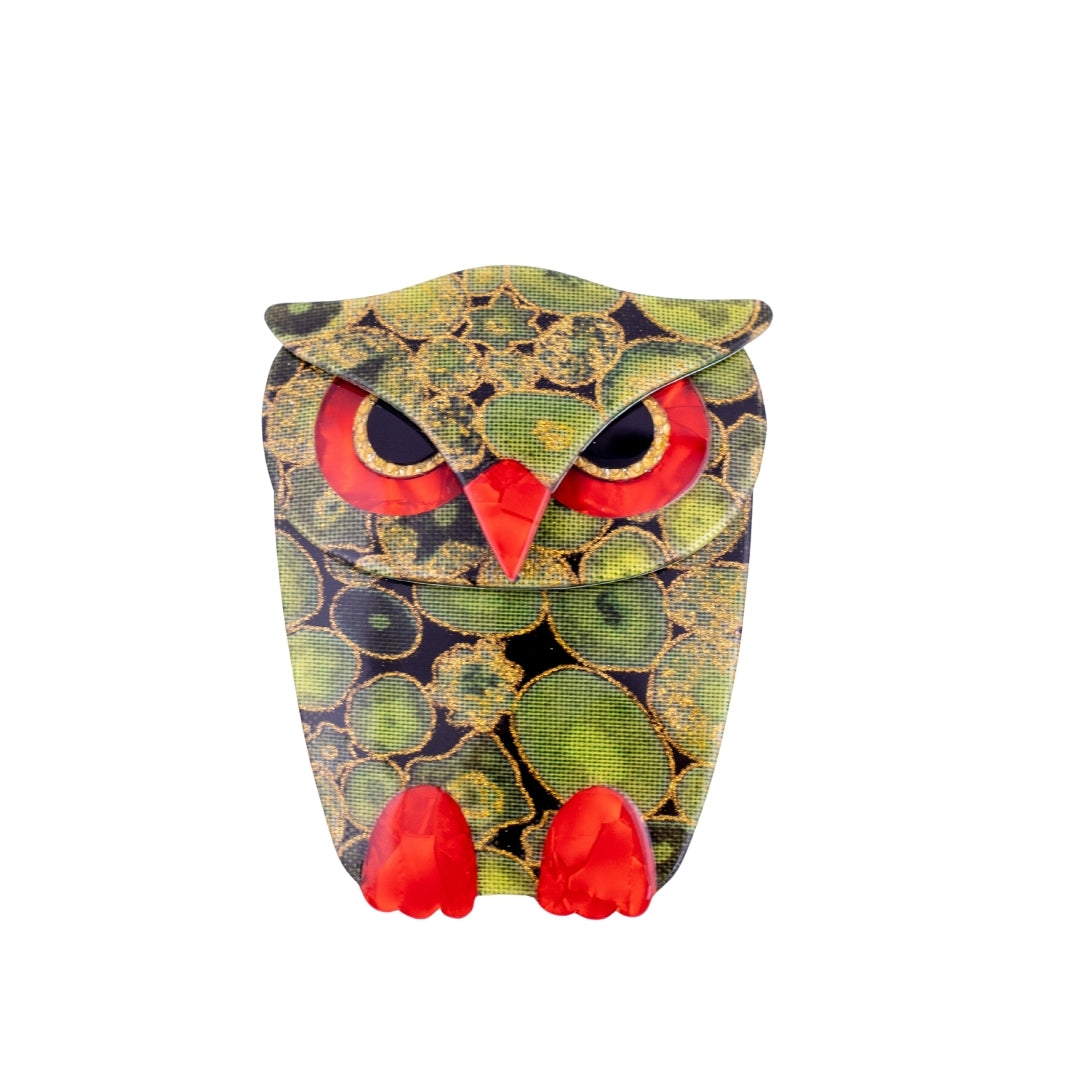 Lea Stein Signed Buba Owl Brooch Pin - Green & Red