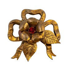 Load image into Gallery viewer, Vintage USA Bow Shape Floral Centre Brooch With Red Crystal Stone