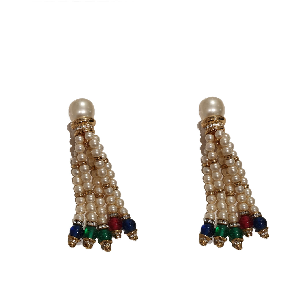 Vintage Dior Pearl and Crystal Tassel Earrings (clip-on)