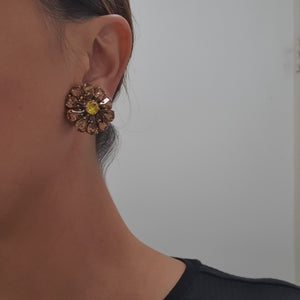 Harlequin Market Latte Brown & Yellow Crystal Earrings-(Clip-On Earrings)