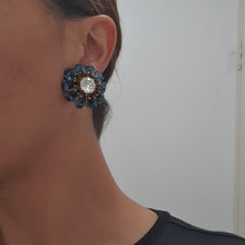 Load image into Gallery viewer, Harlequin Market Blue &amp; Silver Austrian Crystal Flower Earrings (Clip-On)