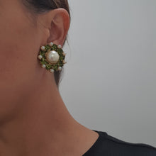 Load image into Gallery viewer, Harlequin Market Green Crystal Earrings with Faux Pearl-(Clip-On Earrings)