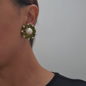 Harlequin Market Green Crystal Earrings with Faux Pearl-(Clip-On Earrings)