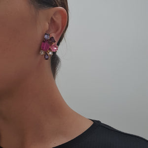 Harlequin Market Austrian Pink & Amethyst Cluster Crystal Earrings (Clip-On)
