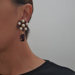 Harlequin Market Purple Crystal Earrings With Faux Pearl (Clip-On Earrings)