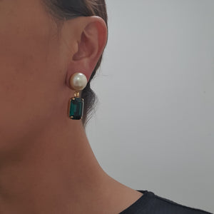 Harlequin Market Green Crystal Earrings with Faux Pearl-(Pierced Earrings)