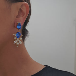 Harlequin Market Sapphire Blue & Clear Crystal Drop & Faux Pearl Earrings (Pierced)