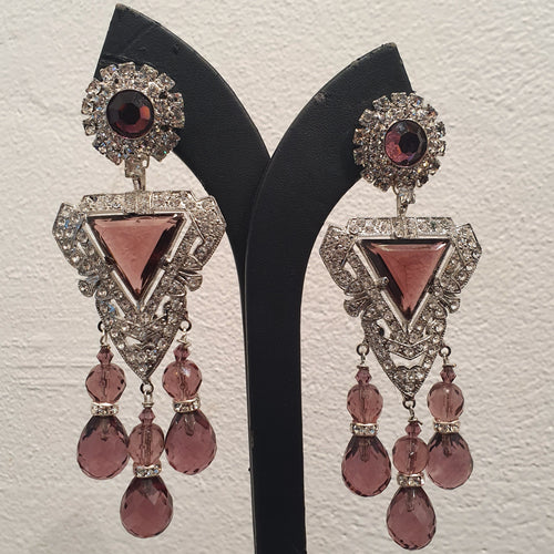 Lawrence VRBA Signed Large Statement Crystal Earrings - Clear Crystal & Amethyst