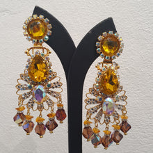 Load image into Gallery viewer, Lawrence VRBA Signed Large Statement Crystal Earrings - Champagne Yellow, Clear &amp; Topaz Crystal