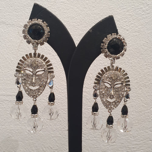 Lawrence VRBA Signed Large Statement Crystal Earrings - Clear & Black Crystal Faces