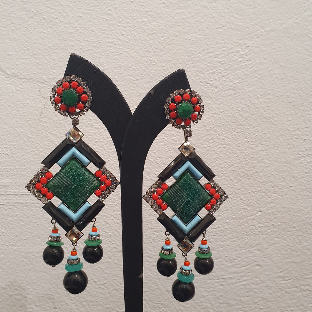 Lawrence VRBA Signed Large Statement Crystal Earrings - Large Drop Emerald Green, Faux Coral, Black, Blue & Clear Crystal