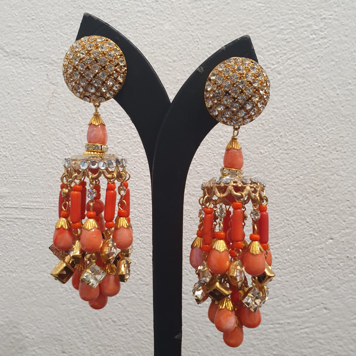 Lawrence VRBA Signed Large Statement Crystal Earrings -  Crystal Coral Chandelier Earrings