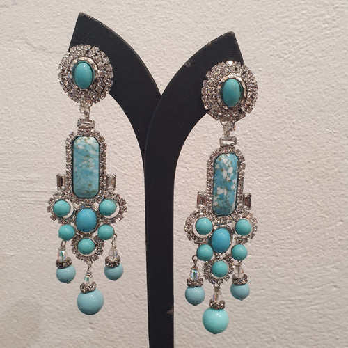 Lawrence VRBA Signed Large Statement Crystal Earrings - Faux Turquoise & Clear Crystal