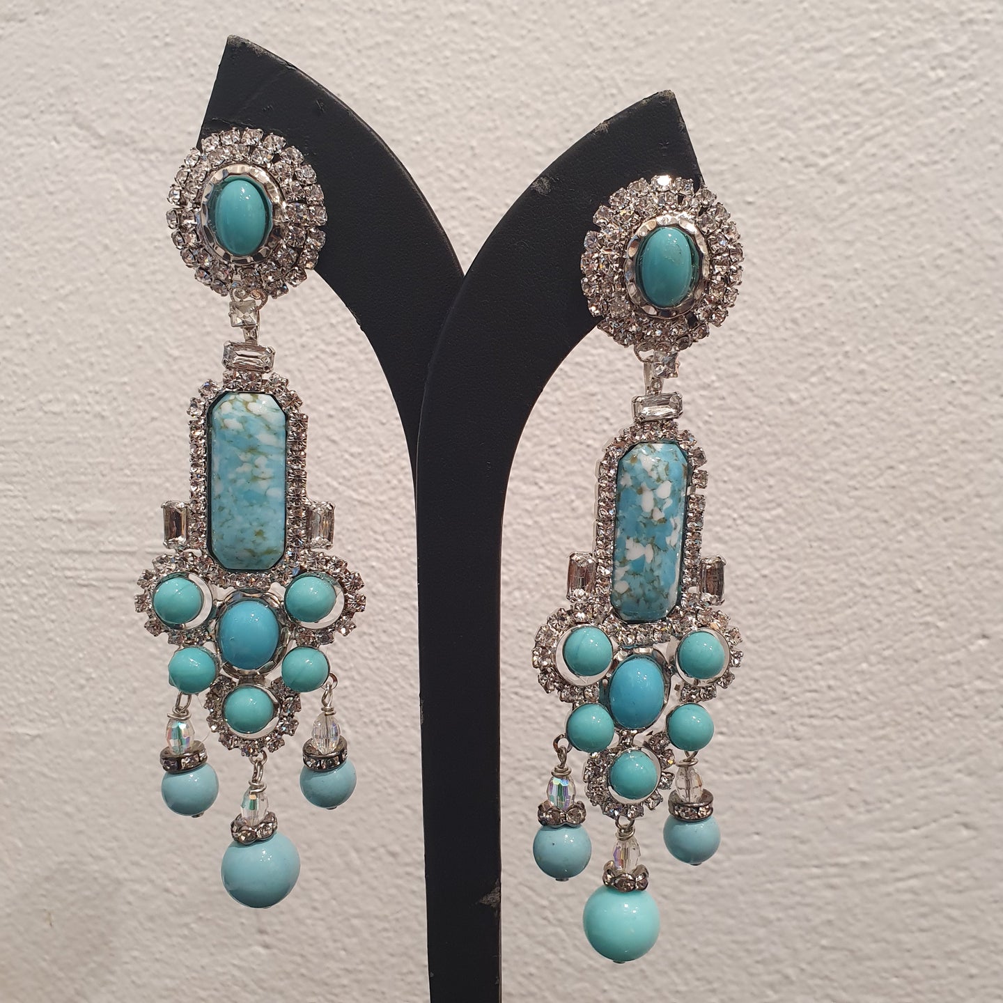 Lawrence VRBA Signed Large Statement Crystal Earrings - Faux Turquoise & Clear Crystal