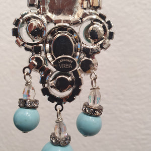 Lawrence VRBA Signed Large Statement Crystal Earrings - Faux Turquoise & Clear Crystal