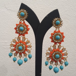 Lawrence VRBA Signed Large Statement Crystal Earrings -  Turquoise & Coral Drop Earrings (Clip-On)