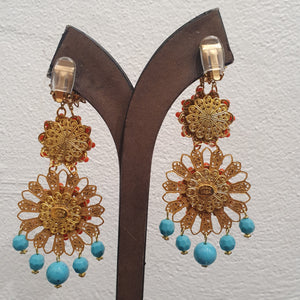 Lawrence VRBA Signed Large Statement Crystal Earrings -  Turquoise & Coral Drop Earrings (Clip-On)