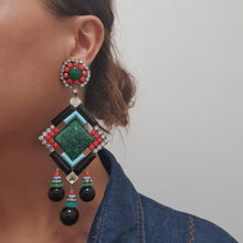 Load image into Gallery viewer, Lawrence VRBA Signed Large Statement Crystal Earrings - Large Drop Emerald Green, Faux Coral, Black, Blue &amp; Clear Crystal